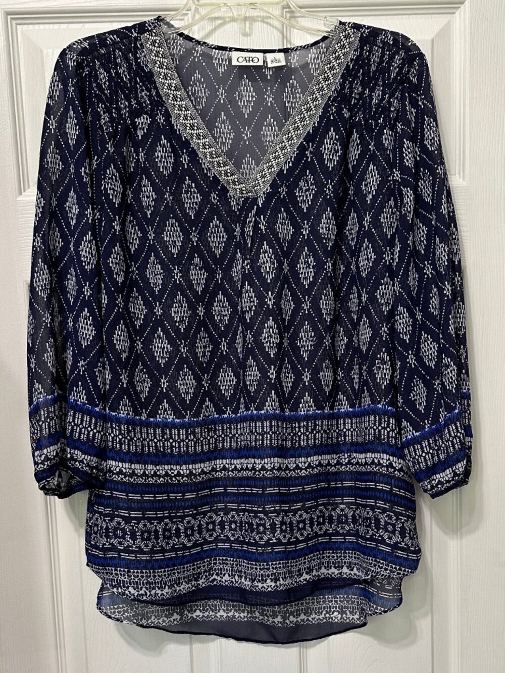Cato Tunic Blouse 3/4 Sleeves Geometric Print Navy Blue, White and Blue Size L